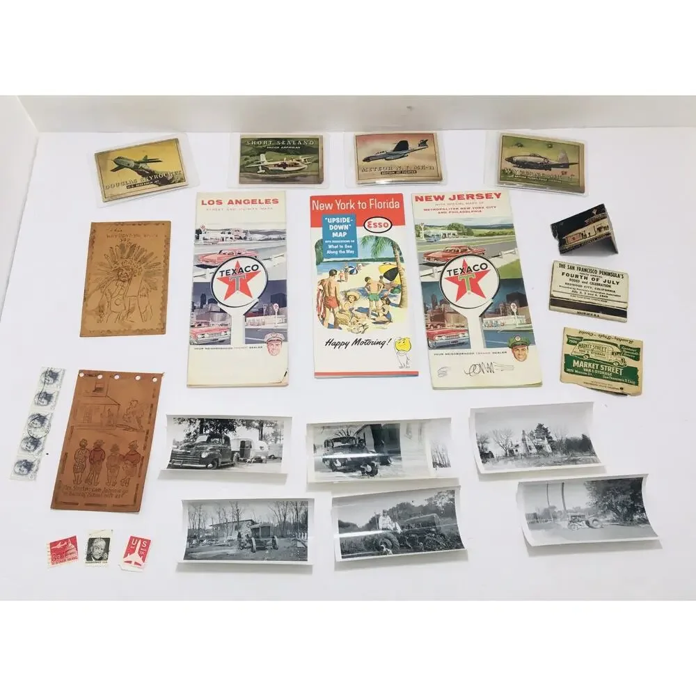 JUNK DRAWER LOT MAPS OLD PHOTOS STAMPS LEATHER POSTCARDS AIRPLANE CARDS ETC
